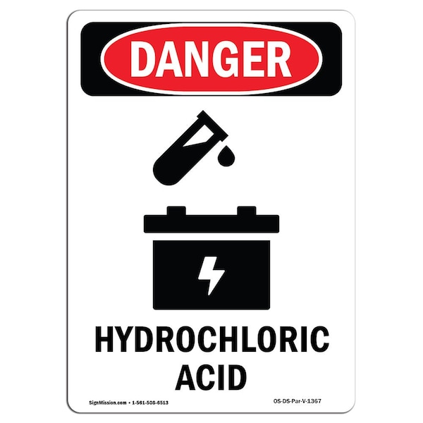 Safety Sign, OSHA Danger, 5" Height, Hydrochloric Acid, Portrait, 10PK